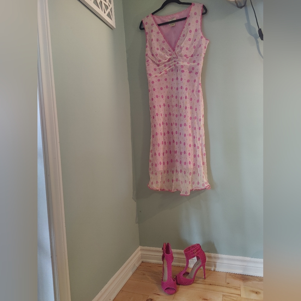 Vintage 100% Silk Dress Size 14 Polka Dot Pink